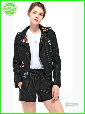 Faux Leather Moto Jacket with Floral Embroidery, Size S